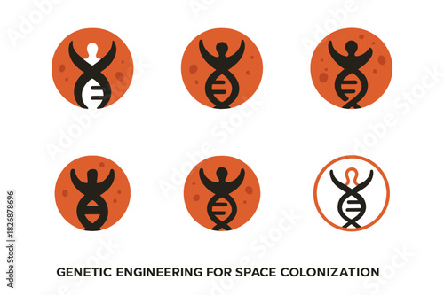 Space Genetics Logos. Genetic Engineering for Space Colonization. Icon set. Set Logo of human adaptation: helix forming a human silhouette on Mars. harmonious