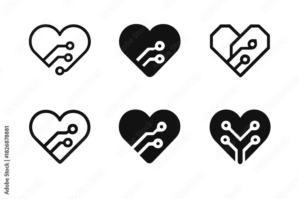 Obraz premium Digital Health Logos. Digital health startups. Icon set. Set Logo of digital health startups: heart combined with circuit board. harmonious logo variations of