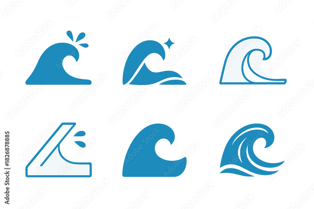 Obraz premium Ocean Wave Logos. Ocean waves. Icon set. Set Logo of Ocean waves: Wave splash. harmonious logo variations of the same emblematic concept (Iconic shape, Filled