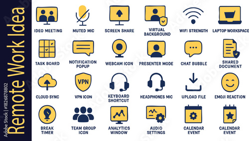 Remote Work Idea Icons: A set of clean, minimalist icons symbolizing remote work concepts, ideal for modern design and communication. 