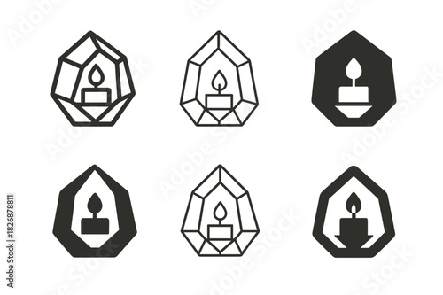 Candle Centerpiece Icons. Candle centerpiece. Icon set. Set Logo of Candle centerpiece: geometric terrarium with tea light. harmonious logo variations of the