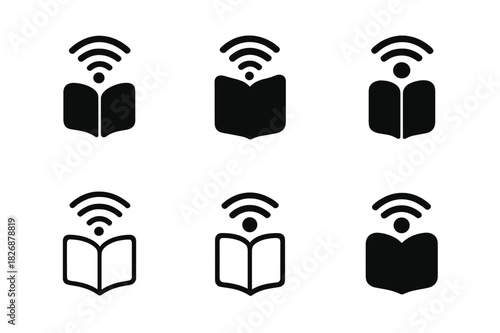 Remote Education Logos. Remote education access. Icon set. Set Logo of Remote education access: Wifi-enabled book. harmonious logo variations of the same