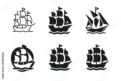 Vintage Transport Icons. Historical transportation methods (ships, planes, automobiles). Icon set. Set Logo of historical transport: vintage sailing ship.