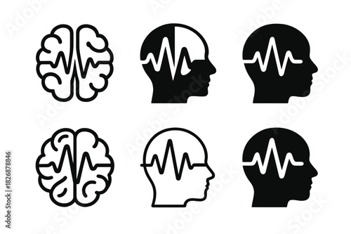 Emotion Brain Logos. How emotions are processed in the brain. Icon set. Set Logo of How emotions are processed in the brain: EEG wave merging with brain