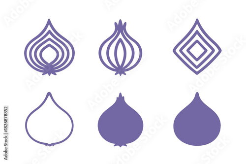 Onion Logo Variations. Onion. Icon set. Set Logo of onion: onion layers and freshness symbol. harmonious logo variations of the same emblematic concept, each
