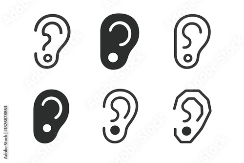 Earring Logo Variations. Ear with Earring. Icon set. Set Logo of Ear with Earring: Pearl Stud. harmonious logo variations of the same emblematic concept