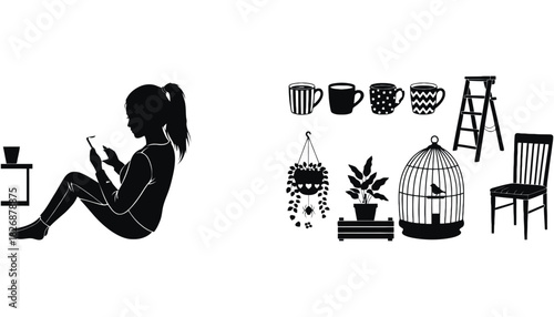 Woman silhouette using phone with home decor vector graphics