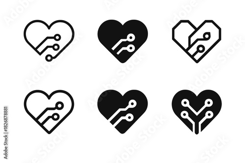 Digital Health Logos. Digital health startups. Icon set. Set Logo of digital health startups: heart combined with circuit board. harmonious logo variations of