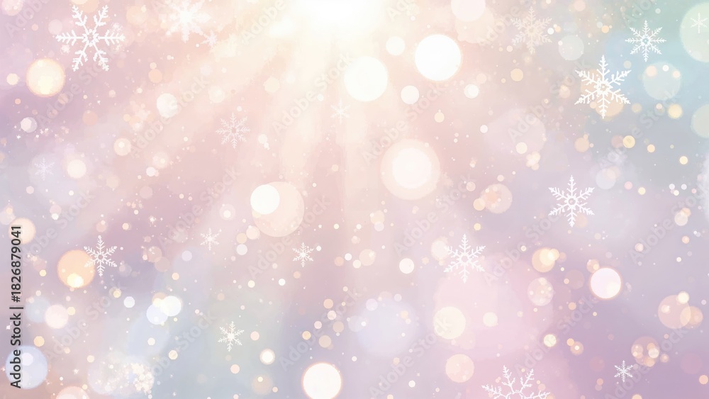 Obraz premium Light snowflakes and bokeh effects creating a soft, festive winter background with glowing light particles.