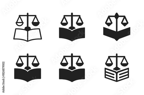 Journalism Ethics Logos. Journalism ethics and bias. Icon set. Set Logo of journalism ethics and bias: balanced scale over an open newspaper. harmonious logo