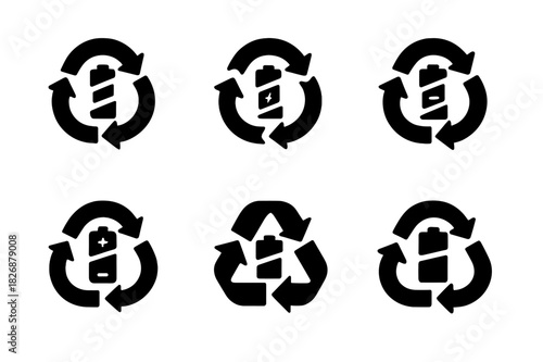 Battery Recycling Icons. Sustainable battery recycling. Icon set. Set Logo of sustainable battery recycling: disassembled battery parts in cycle. harmonious