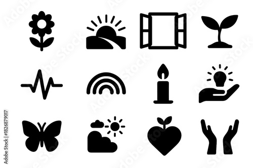Hope and Renewal Icons. Hope and renewal. Solid icon set of Hope and renewal: blooming flower, sunrise over hill, open window, fresh sprout, heartbeat line,