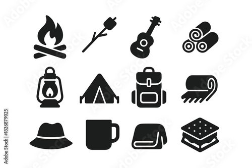 Campfire Fun Icons. Campfire fun. Solid icon set of campfire fun: campfire, marshmallow, roasting stick, guitar, logs, lantern, tent, backpack, blanket, hat,