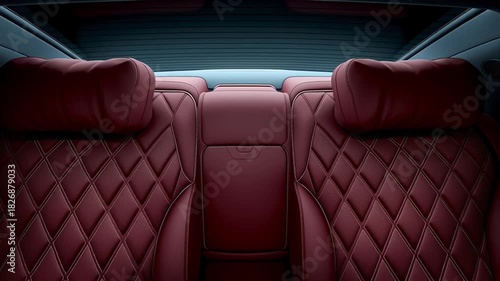 A premium red leather rear car interior remains static as ambient light shifts across stitched seats over sequential frames, emphasizing craftsmanship, comfort & luxury inside a high-end passenger veh