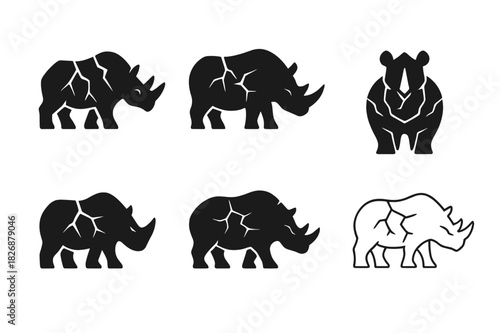 Wildlife Protection Icons. Endangered species. Icon set. Set Logo of wildlife protection: rhino silhouette with crack pattern. harmonious logo variations of