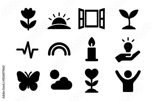 Hope and Renewal Icons. Hope and renewal. Solid icon set of Hope and renewal: blooming flower, sunrise over hill, open window, fresh sprout, heartbeat line,