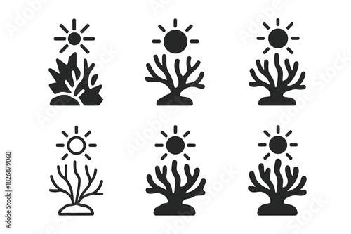 Biodiversity Loss Icons. biodiversity loss. Icon set. Set Logo of biodiversity loss: coral reef bleaching silhouette. harmonious logo variations of the same