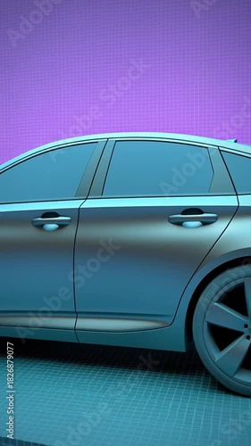 Blue sedan positioned in a stylized studio setting moves through a slight side-angle shift revealing door panels and contours with soft colored background gradients enhancing the clean design