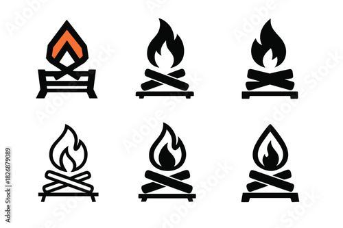 Fireplace Logo Variations. Lighting the fireplace. Icon set. Set Logo of Lighting the fireplace: log grate with kindling pyramid. harmonious logo variations of