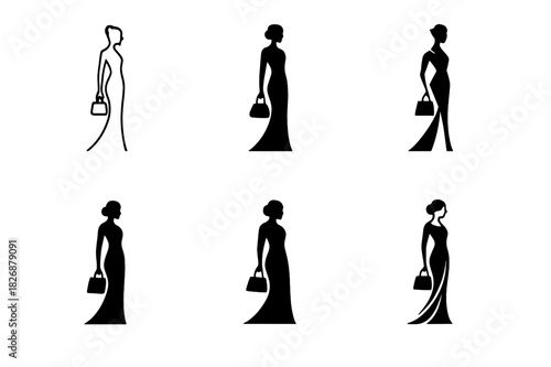 Elegant Fashion Icons. Fashion & Luxury. Icon set. Set Logo of fashion elegance: model silhouette with handbag. harmonious logo variations of the