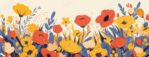Ilustración vectorial de un vibrante campo de flores silvestres en tonos cálidos y fríos, ideal para diseño primaveral.