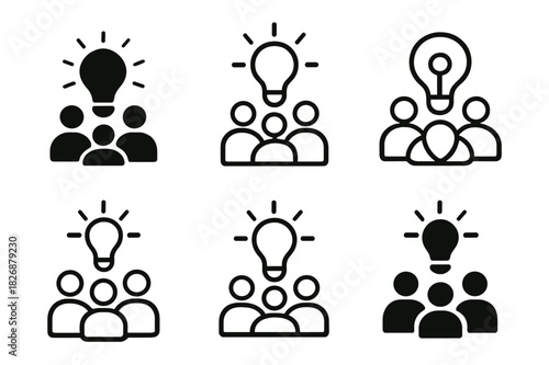 Innovation Logo Variations. Employee-driven innovation. Icon set. Set Logo of workplace creativity: group sharing one bright idea. harmonious logo variations