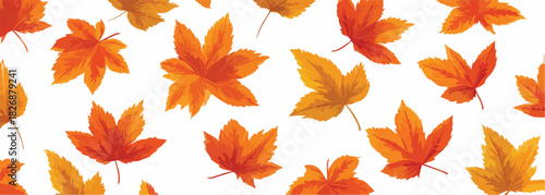 Patrón de hojas de otoño vectoriales en tonos naranjas y rojos sobre fondo blanco.