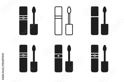 Luxury Makeup Logos. High-end makeup packaging. Icon set. Set Logo of High-end makeup packaging: luxury lip gloss vial with applicator. harmonious logo