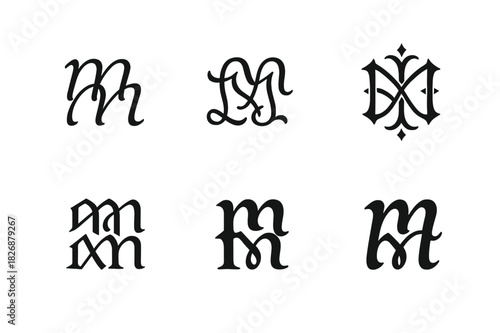 Calligraphy Logo Variations. Letter spacing in calligraphy. Icon set. Set Logo of letter spacing in calligraphy: intertwined letters showing rhythm and