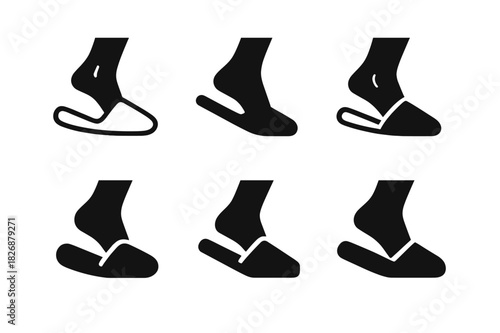 Slipper Logo Variations. Putting on indoor slippers. Icon set. Set Logo of putting on indoor slippers: person?s feet slipping into slippers. harmonious logo