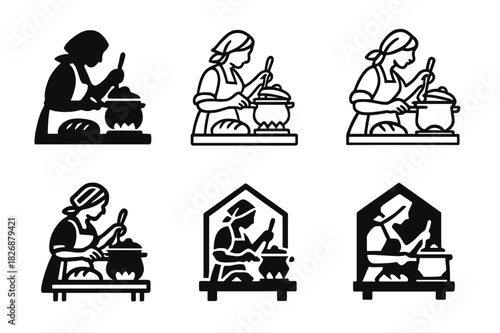 Farmhouse Kitchen Logos. A farmer?s wife cooking a hearty meal in a farmhouse kitchen. Icon set. Set Logo of rustic home life: wooden table with bread and