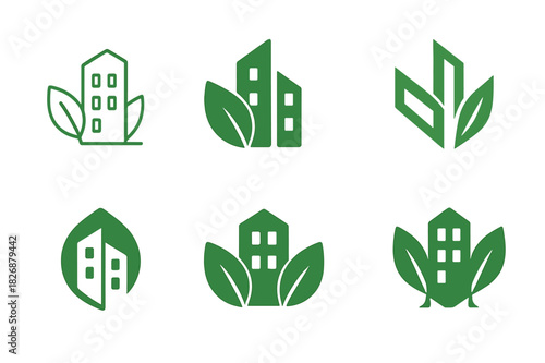 Ecological Architecture Icons. Ecological architecture blending with nature. Icon set. Set Logo of ecological architecture blending with nature: