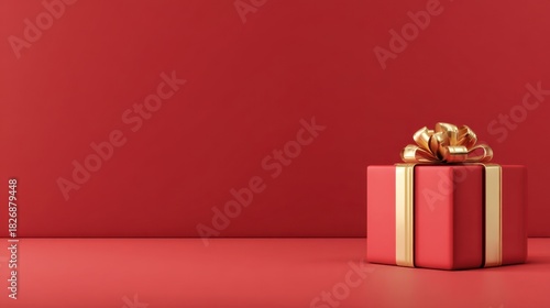 A red gift box wrapped with gold ribbon sits in a minimalist red background scene