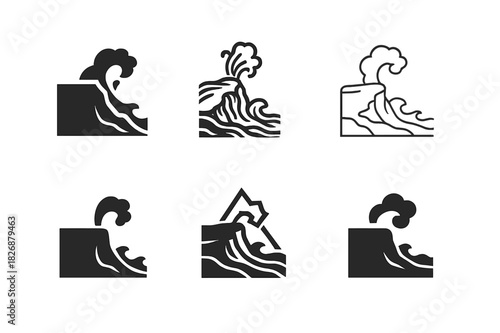 Coastal Cliffs Logos. Coastal cliffs and rugged shorelines. Icon set. Set Logo of Coastal cliffs and rugged shorelines: coastal blowhole spray. harmonious logo