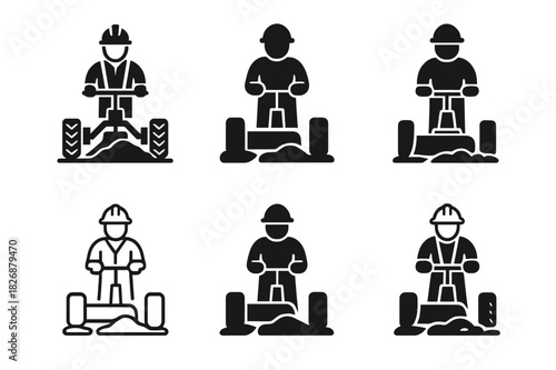 Road Maintenance Icons. Road maintenance crews repairing potholes and streets. Icon set. Set Logo of Road maintenance crews repairing potholes and streets: