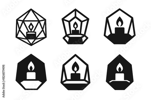 Candle Centerpiece Icons. Candle centerpiece. Icon set. Set Logo of Candle centerpiece: geometric terrarium with tea light. harmonious logo variations of the