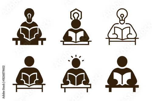 Self-Help Reading Icons. A person reading a self-help book at a cafe or library. Icon set. Set Logo of A person reading a self-help book at a cafe or library: