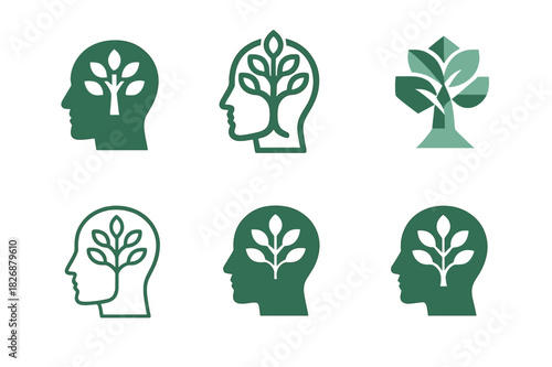 Mental Health Logos. Mental health. Icon set. Set Logo of mental health: mind growth tree. harmonious logo variations of the same emblematic concept, each with