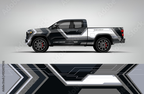 Black and gray pickup truck wrap with bold monotone geometric arrows for a stealthy, tactical, and modern truck look. EPS vector included.