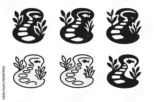 Harmonious Garden Path Icons. Decorative stone paths through a garden with plants on both sides. Icon set. Set Logo of Decorative stone paths through a garden