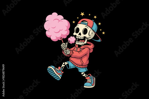 Cartoon Skeleton Character Enjoying Pink Cotton Candy.