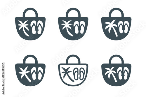 Beach Bag Icons. Packing a beach bag. Icon set. Set Logo of packing a beach bag: rounded bag with palm leaf and flip-flop symbols. harmonious logo variations