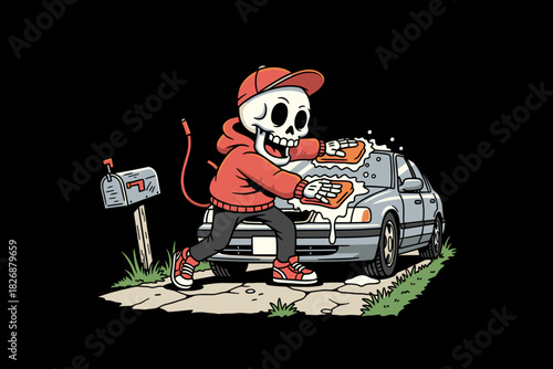 Skeleton character washing a car with a sponge.