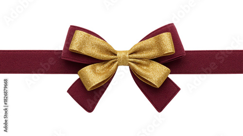 Gold glitter bow with burgundy ribbon, elegant festive decoration for gift wrapping, celebration, or holiday event, isolated on transparent background, creating luxurious and joyful mood