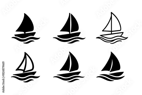 Water Sports Icons. Water sports. Icon set. Set Logo of water sports: sailboat gliding across curved waves. harmonious logo variations of the same emblematic