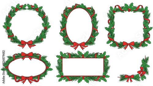Festive Holiday Frames and Borders Christmas Wreath, Oval, Rectangular, and Corner Designs with Red Bows