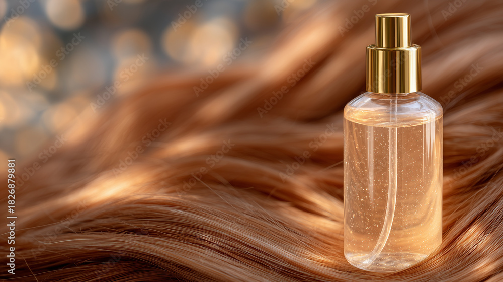 Naklejka premium Hair care bottle with dispenser surrounded by vibrant chestnut and golden hair strands, soft focus, elegant wellness and self-care aesthetic
