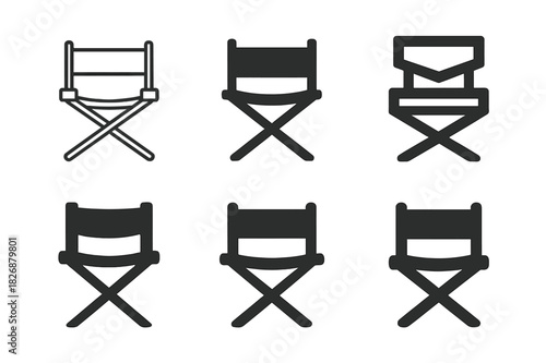 Theater Rehearsal Icons. Theater rehearsal scene. Icon set. Set Logo of Theater rehearsal scene: director?s chair. harmonious logo variations of the same