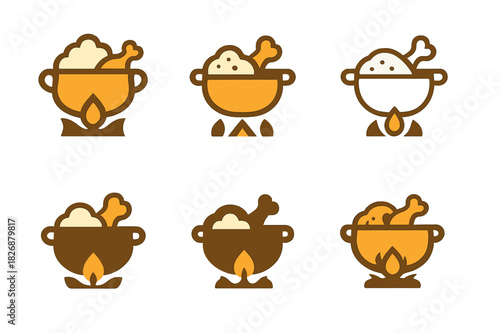 Curry Logo Variations. Cooking a chicken curry with a side of basmati rice. Icon set. Set Logo of cooking a chicken curry with a side of basmati rice: curry