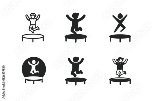 Trampoline Joy Icons. Jumping on a trampoline in a backyard. Icon set. Set Logo of outdoor fun: child jumping midair. harmonious logo variations of the same